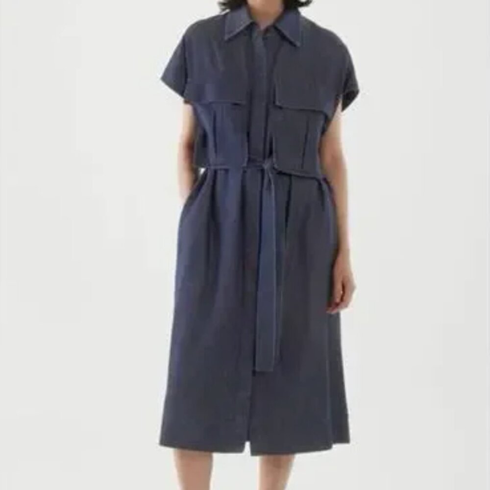 COS Denim Utility Midi Shirt Dress Indigo Blue Organic Cotton Tencel Size 12